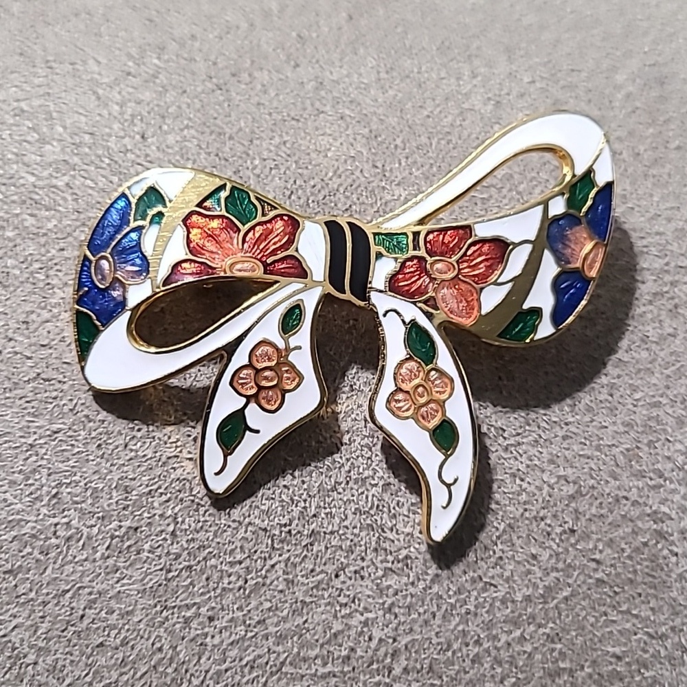 Vintage 1980's Gold Tone Cloisonne Bow Brooch Floral‎ Enamel